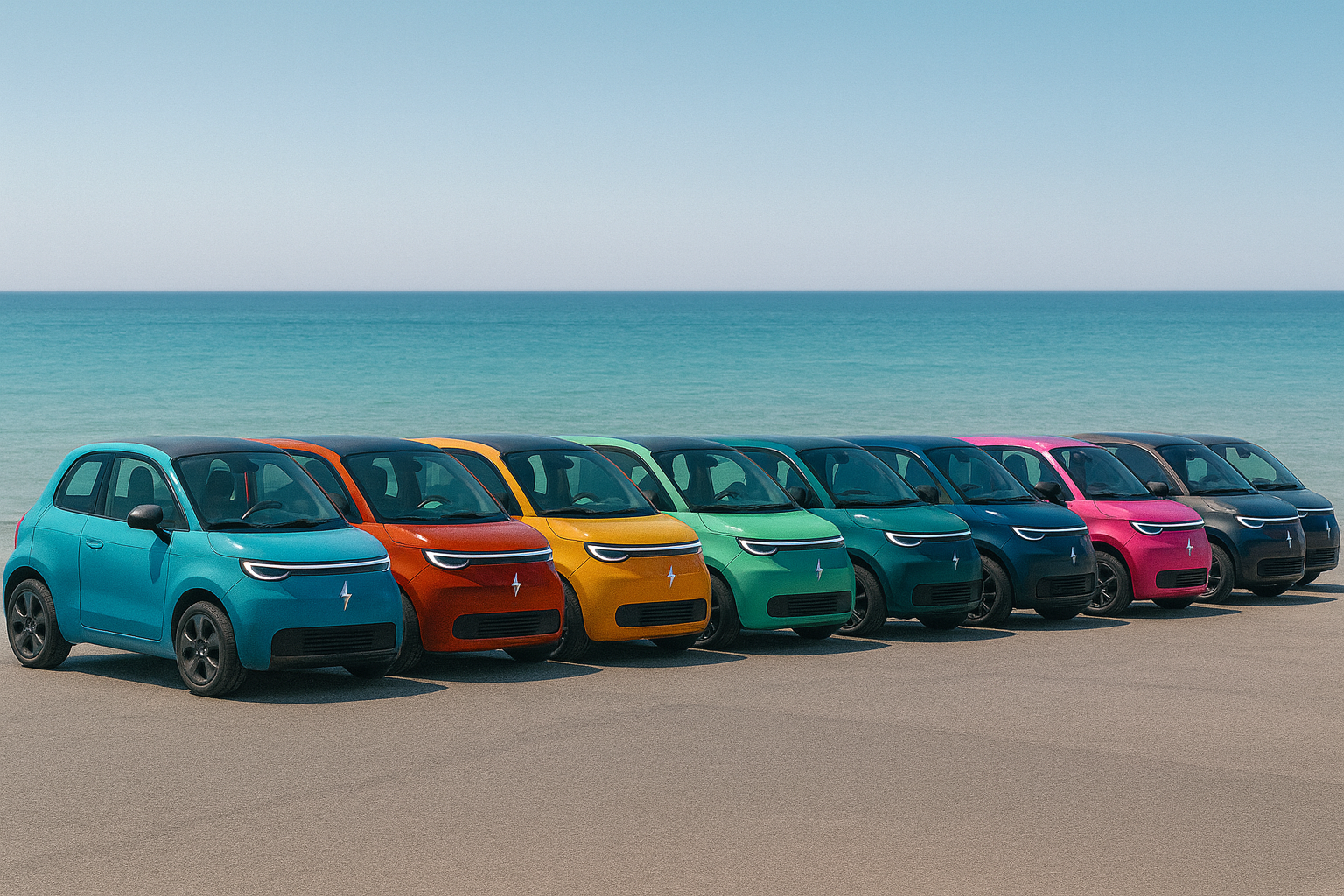 EVOM colorful electric cars by the sea